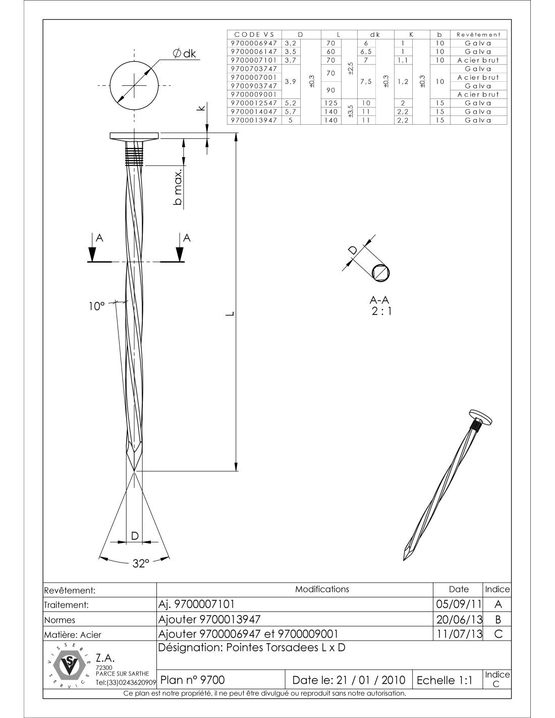 Kg de pointes Torsadées Acier brut 2.8X50-2 pièces - 3