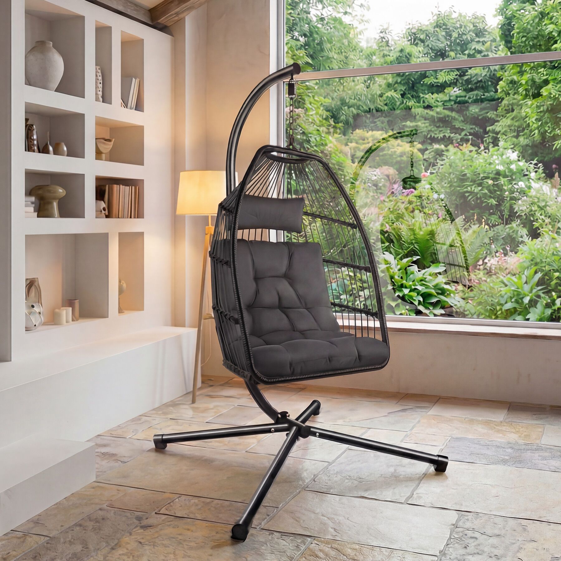 Fauteuil suspendu en acier, pliable, pivotant, coussin épais amovible, gris foncé TECTAKE - 2