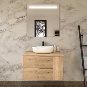 Meuble de salle de bain avec vasque à poser arrondie KING et miroir Led STAM - Roble (chêne clair) - 80cm