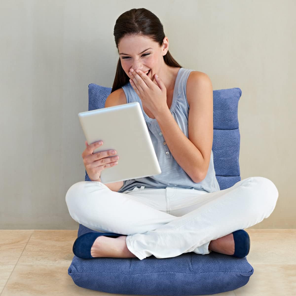 Chaise De Sol Pliable GIANTEX - Dossier Réglable 14 Positions | Rembourrée Et Confortable | Parfaite Pour Méditation Ou Détente - Bleu