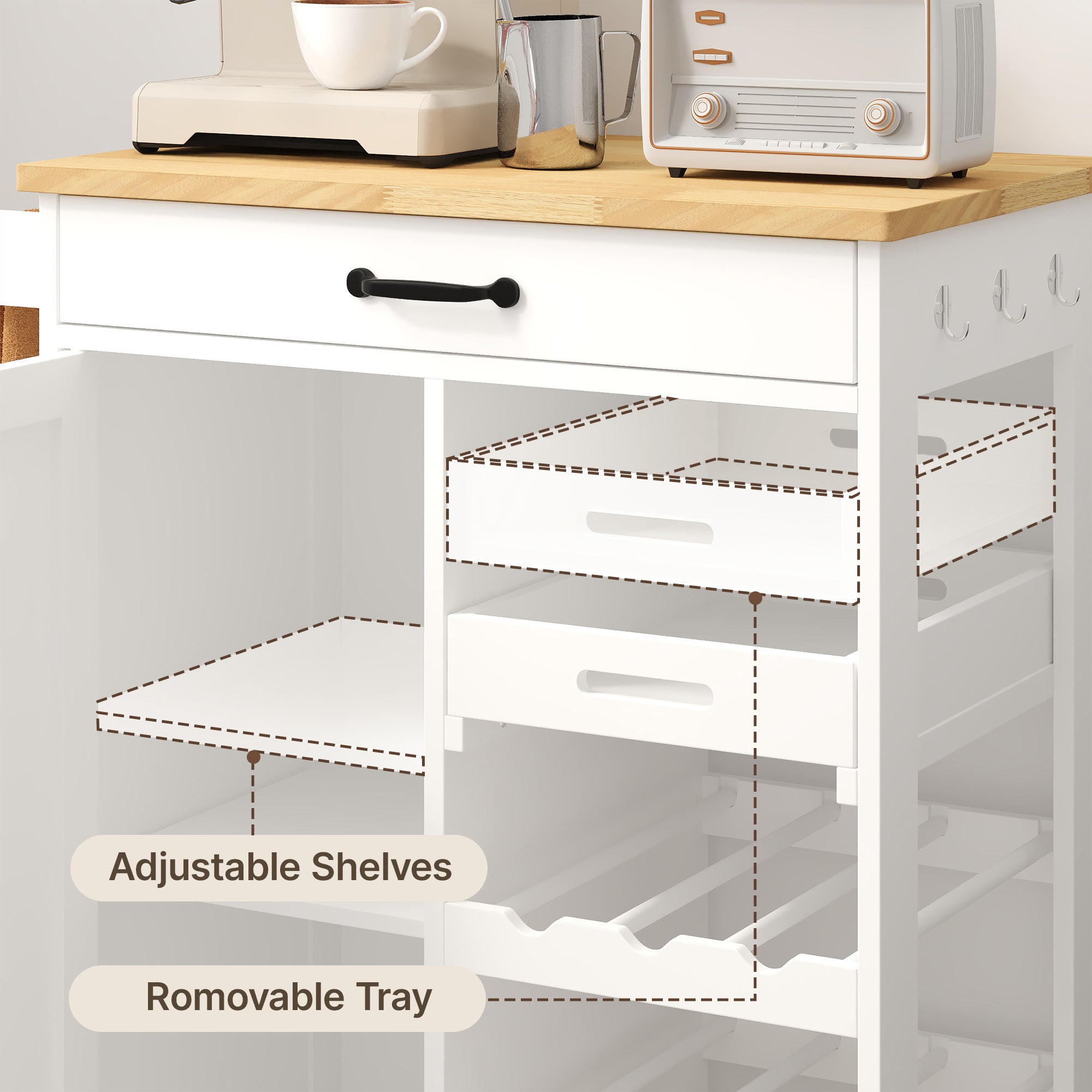 Desserte de cuisine mobile sur roulettes blanc - Chariot avec range-bouteilles, tiroir et plan de travail en bois MDF - 64x40x91cm - 7