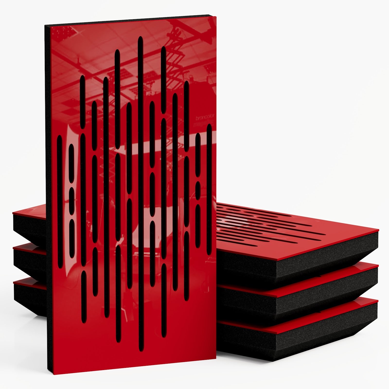 Lot de 4 Panneaux acoustiques étroits insonorisants WAVE 50x25x3 cm -0,5 m² surf.totale -Plastique perforé et mousse acoustique -Rouge brilliant - 2