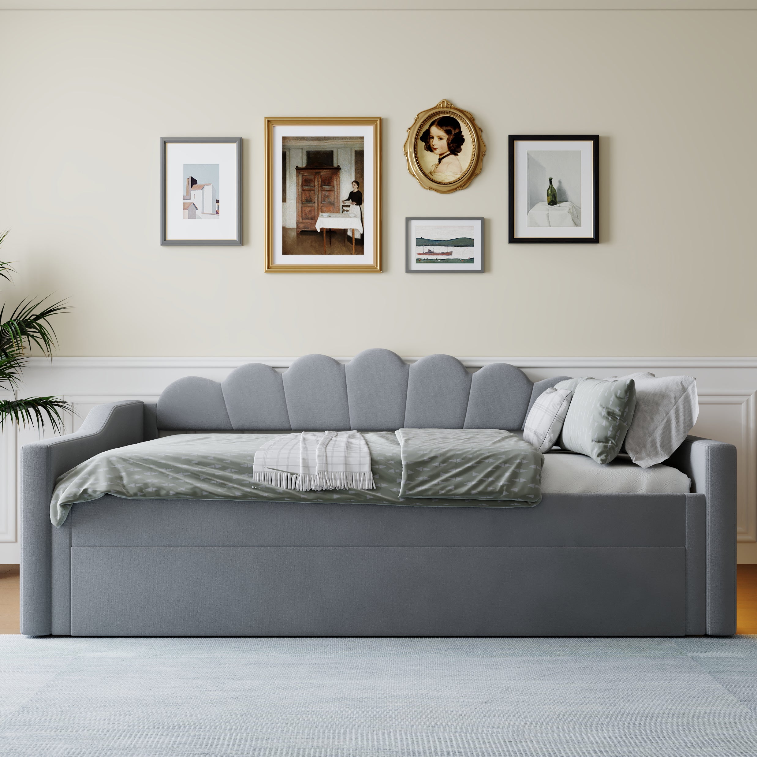 Łóżko wysuwane 140x200 cm - z listwą świetlną LED - ze stelażem - MDF + len - Szare