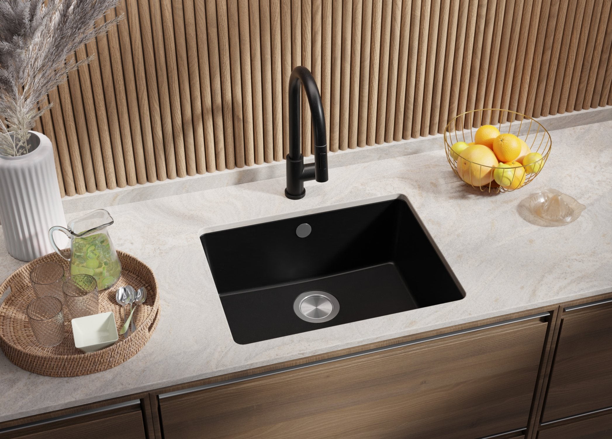 Fregadero bajo Encimera Todo Negro 56x44cm, Cocina 1 Seno + Sifón, Granito al mueble 60cm - Venecia Easy PRIMAGRAN - 2