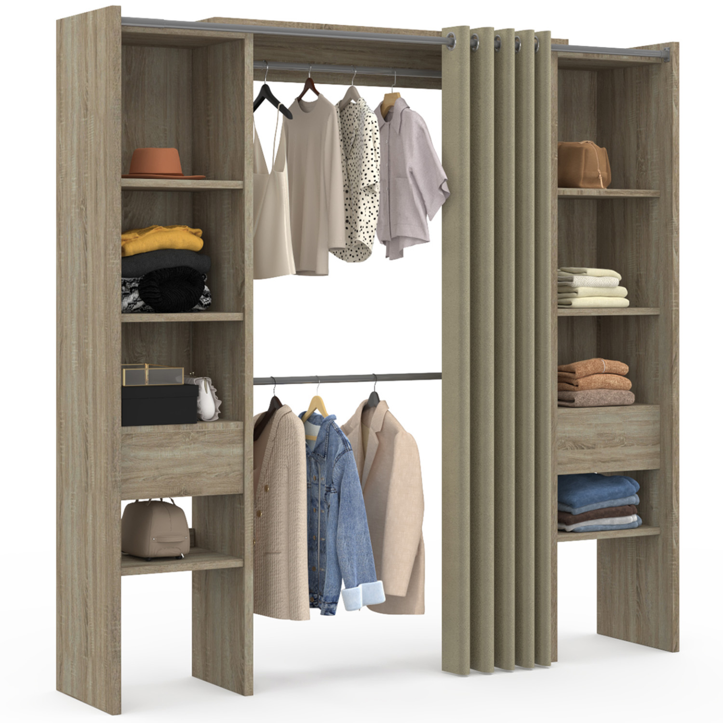 Dressing extensible double MERYL 120/180 x 50 x 180 cm hêtre avec étagères + double penderie + rideau taupe - 2