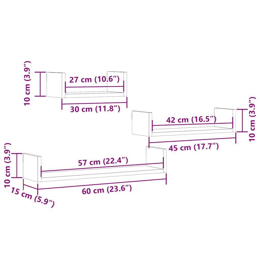 3 pcs Étagères murales | Étagère flottante | Étagère suspendue chêne artisanal bois d'ingénierie CFW859723 - 9