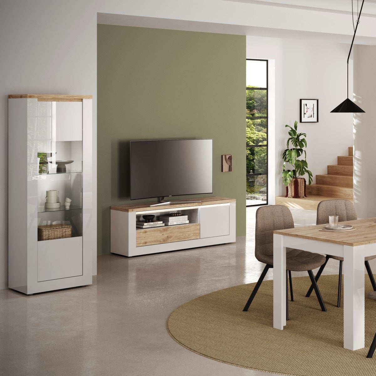 Vitrine moderne 1 porte laqué blanc et bois + led ARIA - 5