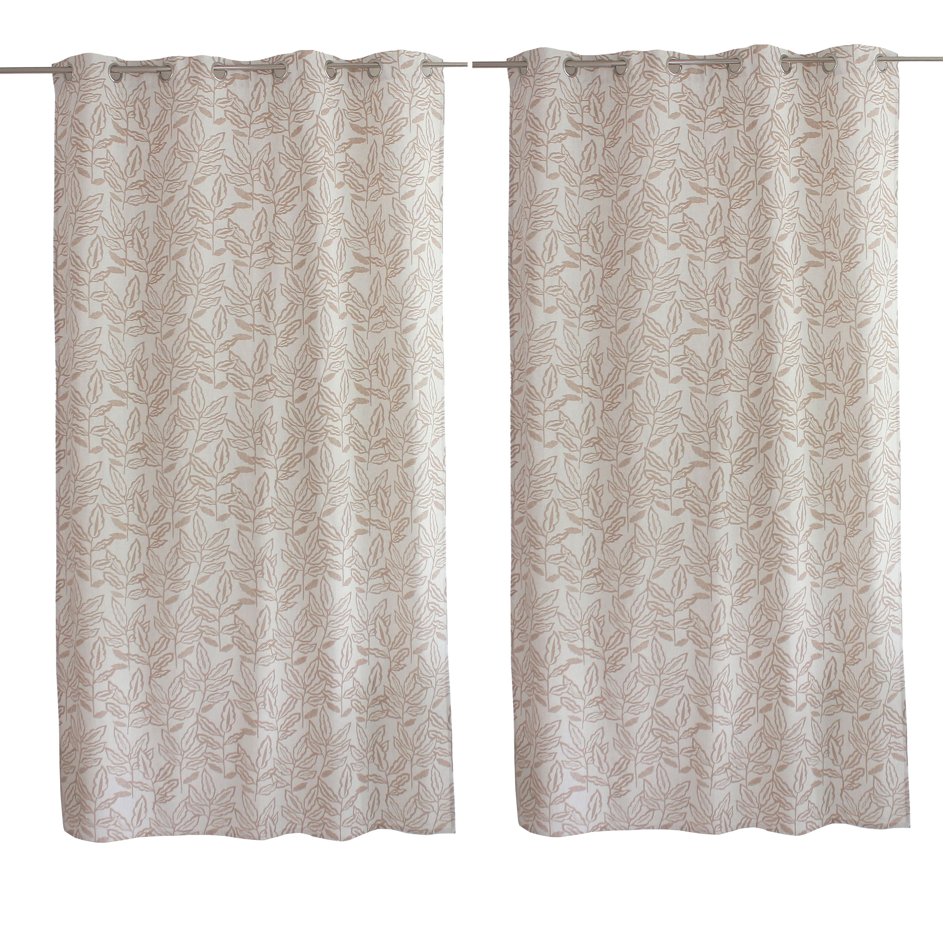 Lot de 2 rideaux à Œillets, 140x240cm, Ecru, Motifs feuilles, Coton Chambray, Collection Lodge, CMADECO - 3