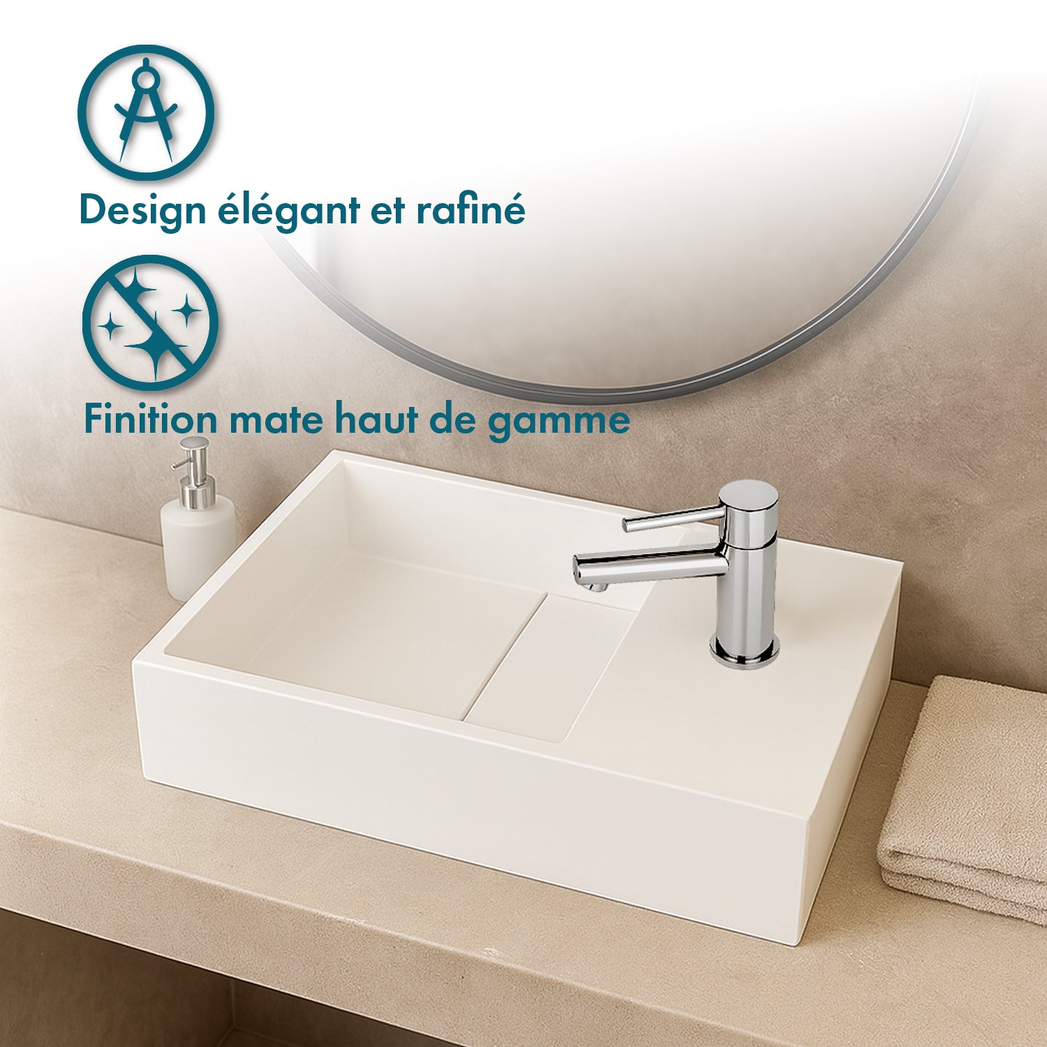 Lave-mains suspendu blanc mat MANITA D - Lavabo rectangulaire en Solid surface 35cm - 5