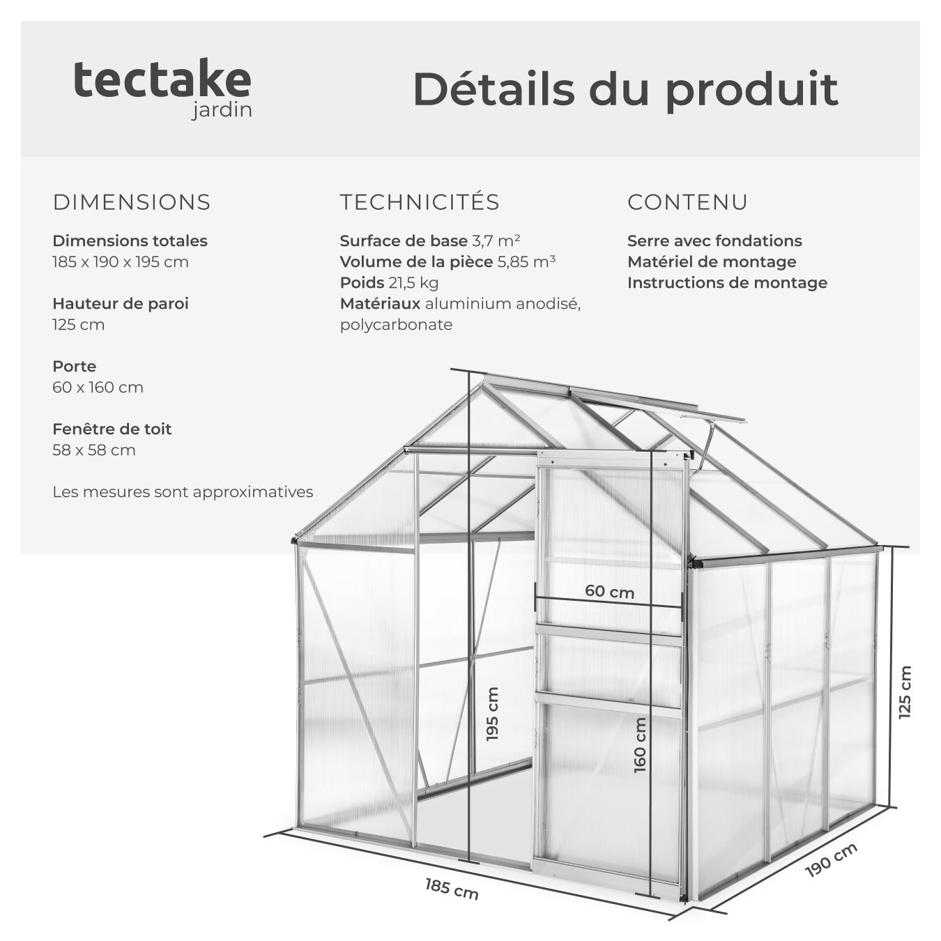Serre en aluminium 5,85 m³ avec porte coulissante 2 fenêtres de toit et isolant thermique TECTAKE - 6