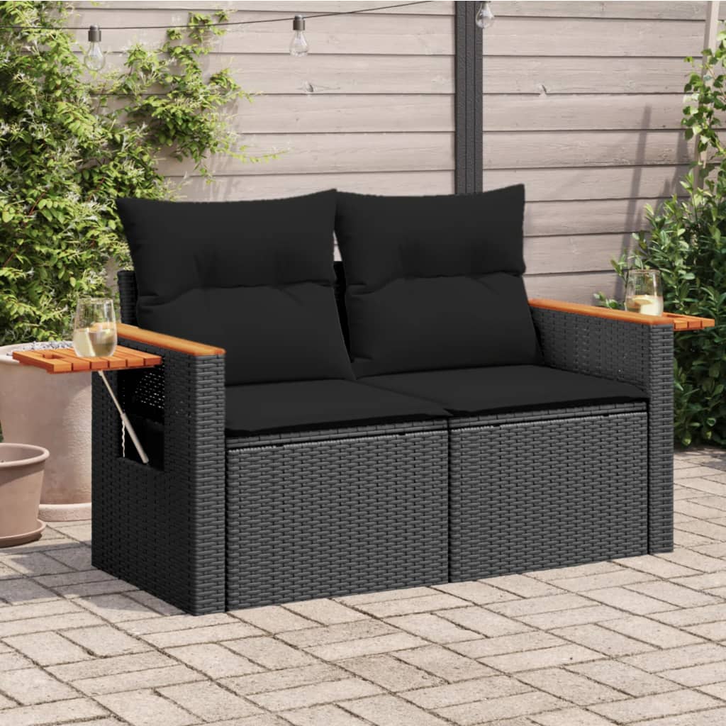 Sofa ogrodowa z poduszkami, 2-osobowa, czarna, polirattan vidaXL