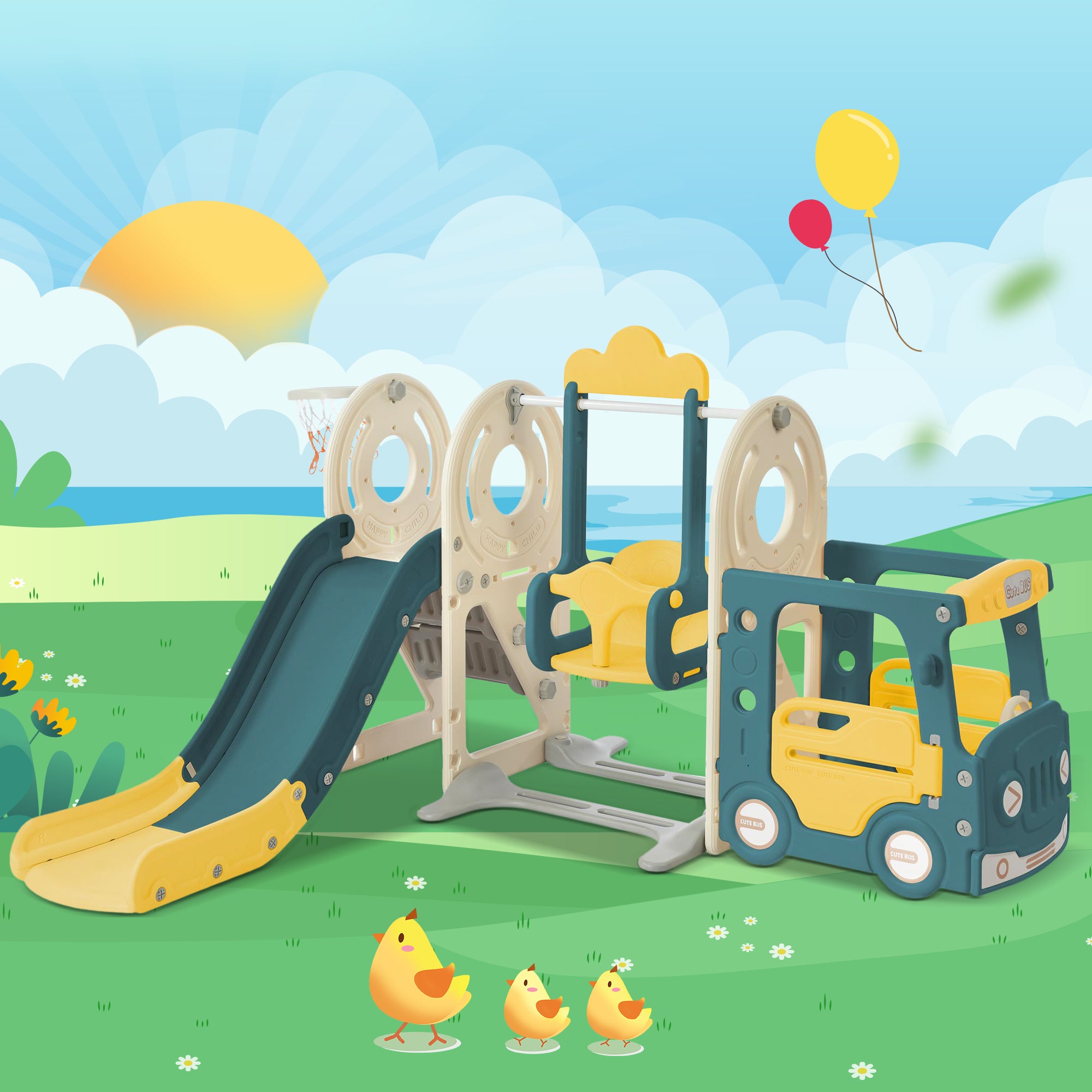AIYAPLAY Toboggan 7 En 1 Pour Enfants – Maison, Tunnel, Panier De Basket, Ardoise, Télescope – Intérieur/extérieur – Jaune Et Vert