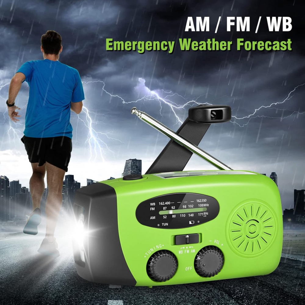 Przenośne radio awaryjne – Power Bank 2000 mAh – Radio awaryjne zasilane bateryjnie (ładowalne) – Na kemping i na wypadek klęsk żywiołowych – Zielone - 8