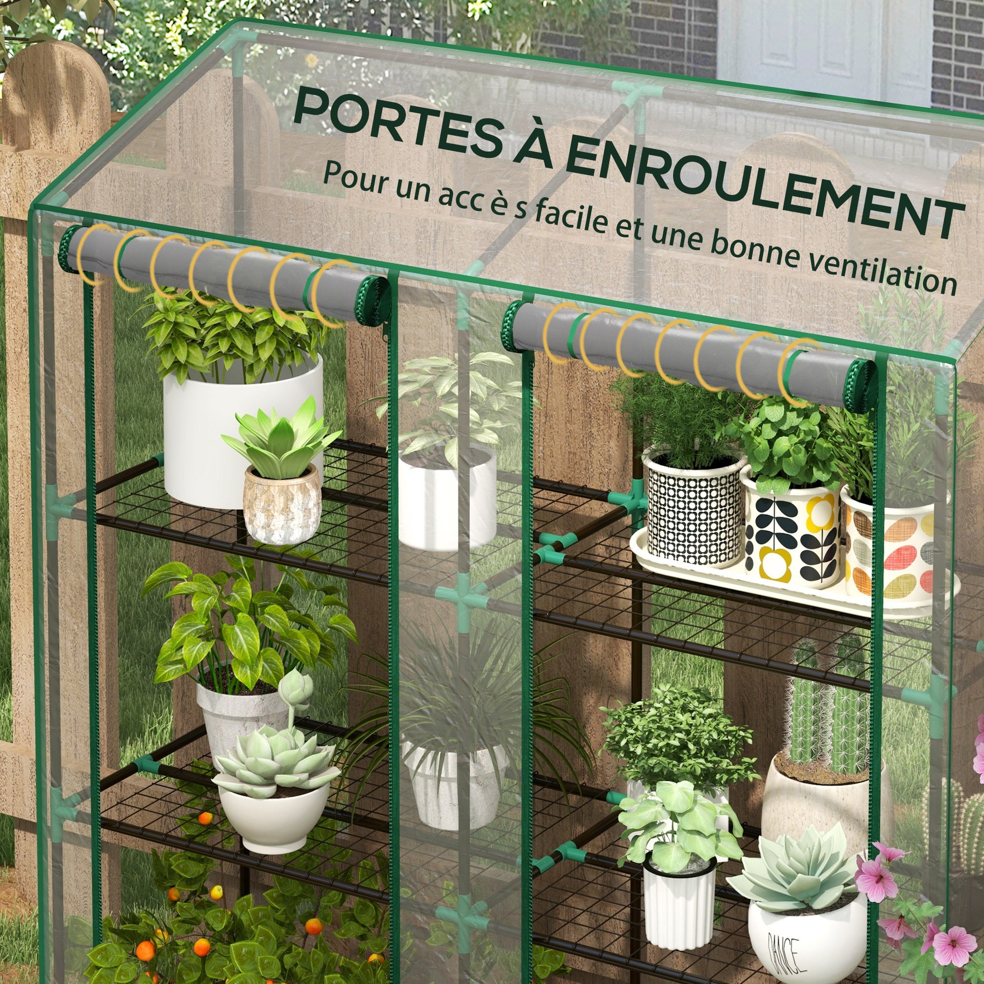 Mini serre de jardin 3 niveaux avec bâche en plastique, 2 portes enroulables, 6 étagères, dim. 143L x 46l x 141/151H cm - 8