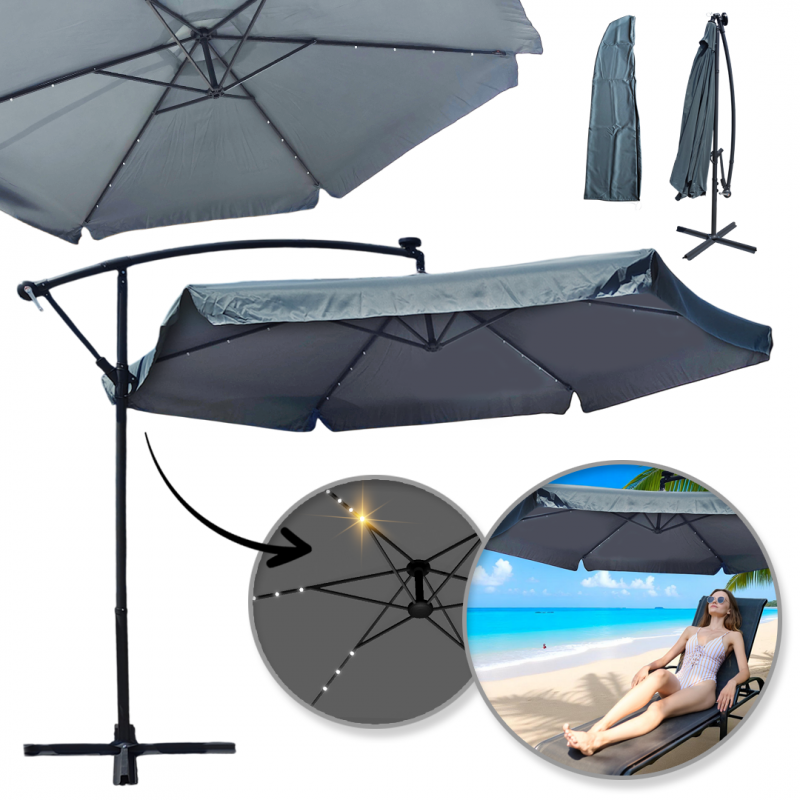 Parasol ogrodowy z oświetleniem SOLAR LED, wysięgnik i falbanka, grafitowy 3,5 m. OGP11SZ
