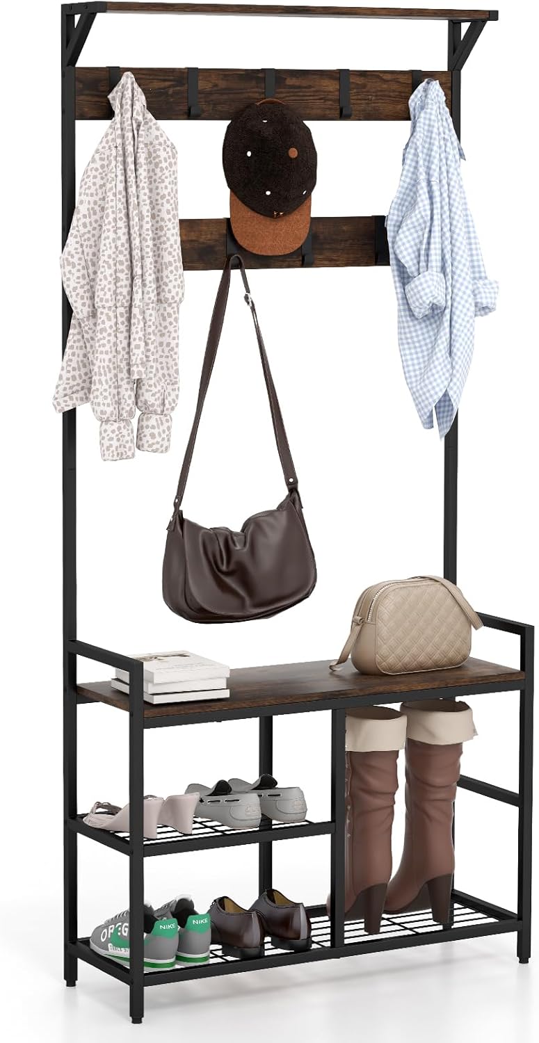 COSTWAY 4en1 Porte-Manteau Vestiaire à Chaussures, Meuble D'Entrée Avec Banc Et 5 Crochets Doubles 100x40x160 CM Gris Foncé - Maison