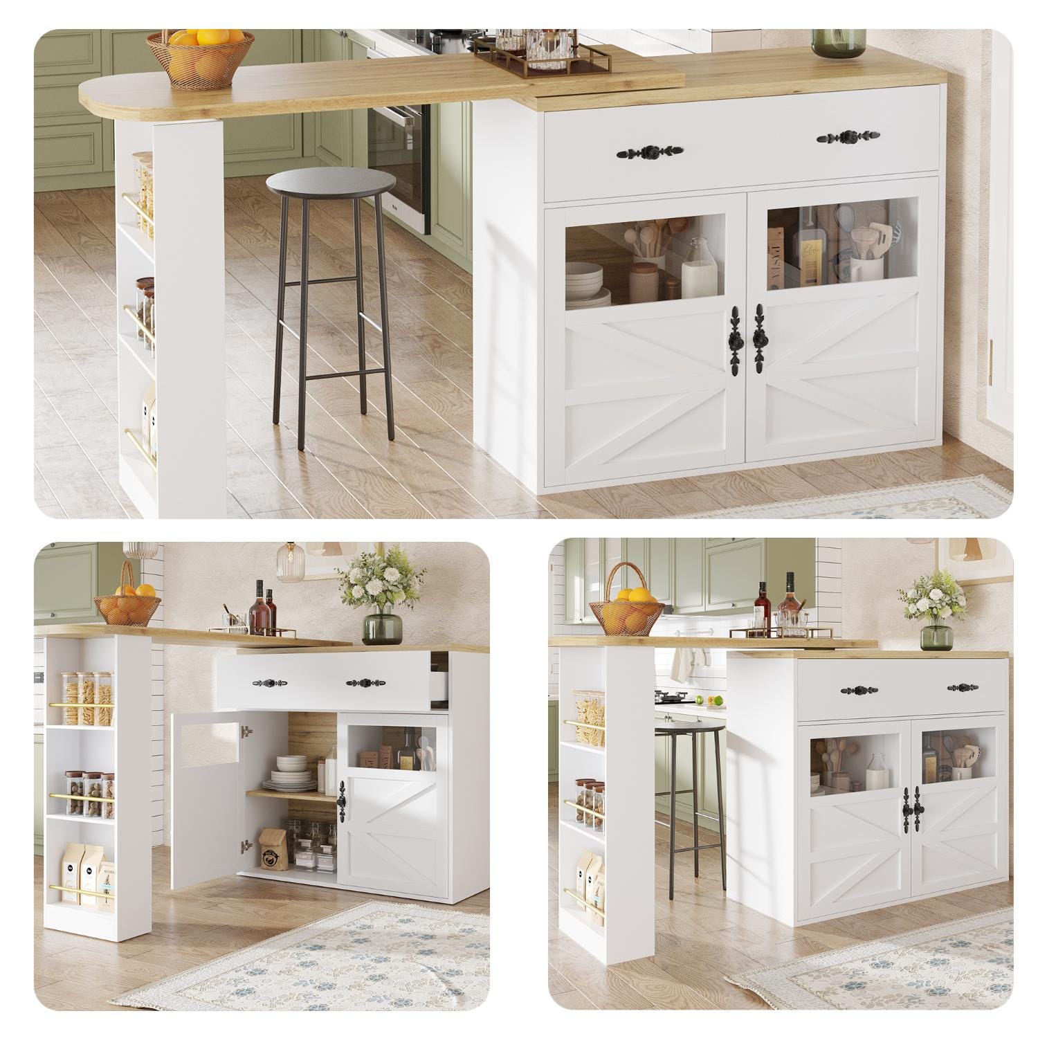 Table de bar extensible blanche 138–204 cm avec rangement, plateau ...