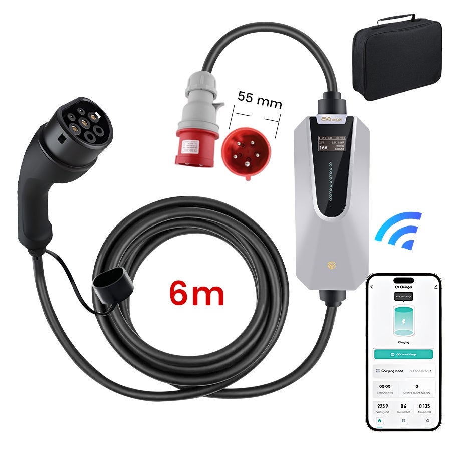 Przenośna Ładowarka EV JUNSUN 11kW | Typ 2 | Kabel 6m | IP65 | Ładowanie 3-fazowe | Aplikacja