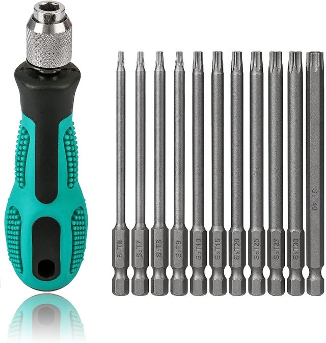 12 pièces 100mm de long Jeu de bits magnétiques avec T30 et poignée, tige hexagonale 1/4 pouce Outils électriques pour visseuse sans fil T20 T25