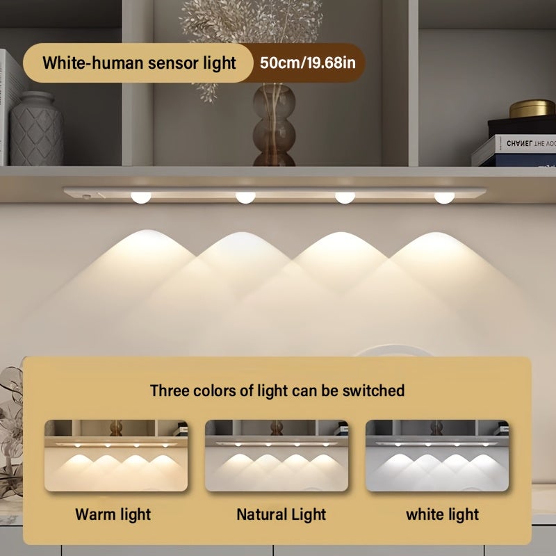 Tira de luz LED regulable de 3 colores, luz nocturna inalámbrica pequeña de 50 cm, sensor de movimiento, recargable, para cocina y armario. - 4