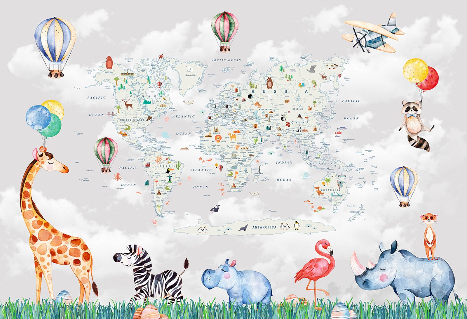 Sous-main Effaçable Carte Du Monde Avec Animaux - Bleu Français 74x40 Cm - Vinyle Premium Pour Enfants