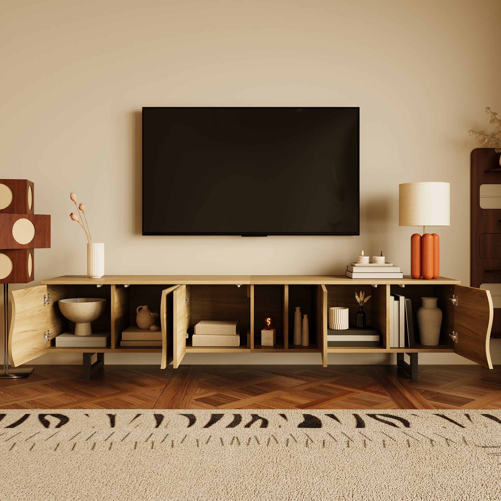 Stolik pod TV z 5 drzwiami i otwartymi przegródkami - 191 x 38 x 46,5 cm - Płyta wiórowa + MDF - Naturalny - 8