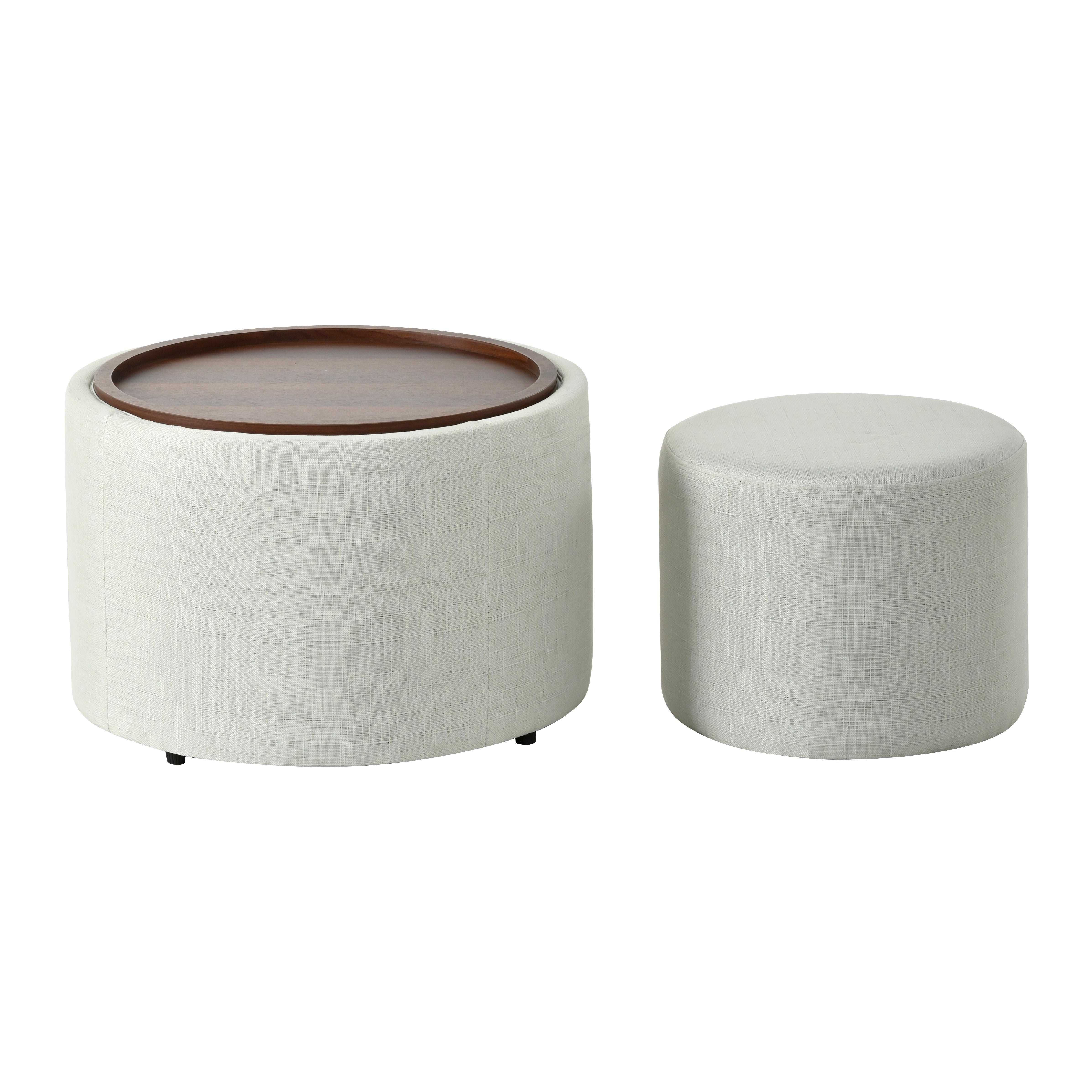 Set di 2 pouf impilabili con contenitore, piano in legno, in lino, beige - 5