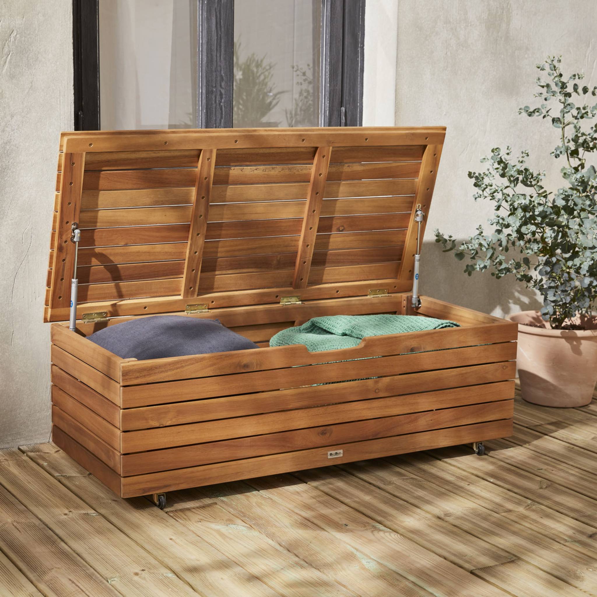 Coffre de jardin en bois - Saragosse - 130L. rangement coussins 107x48.5cm avec vérins et roulettes SARAGOSSE - 3