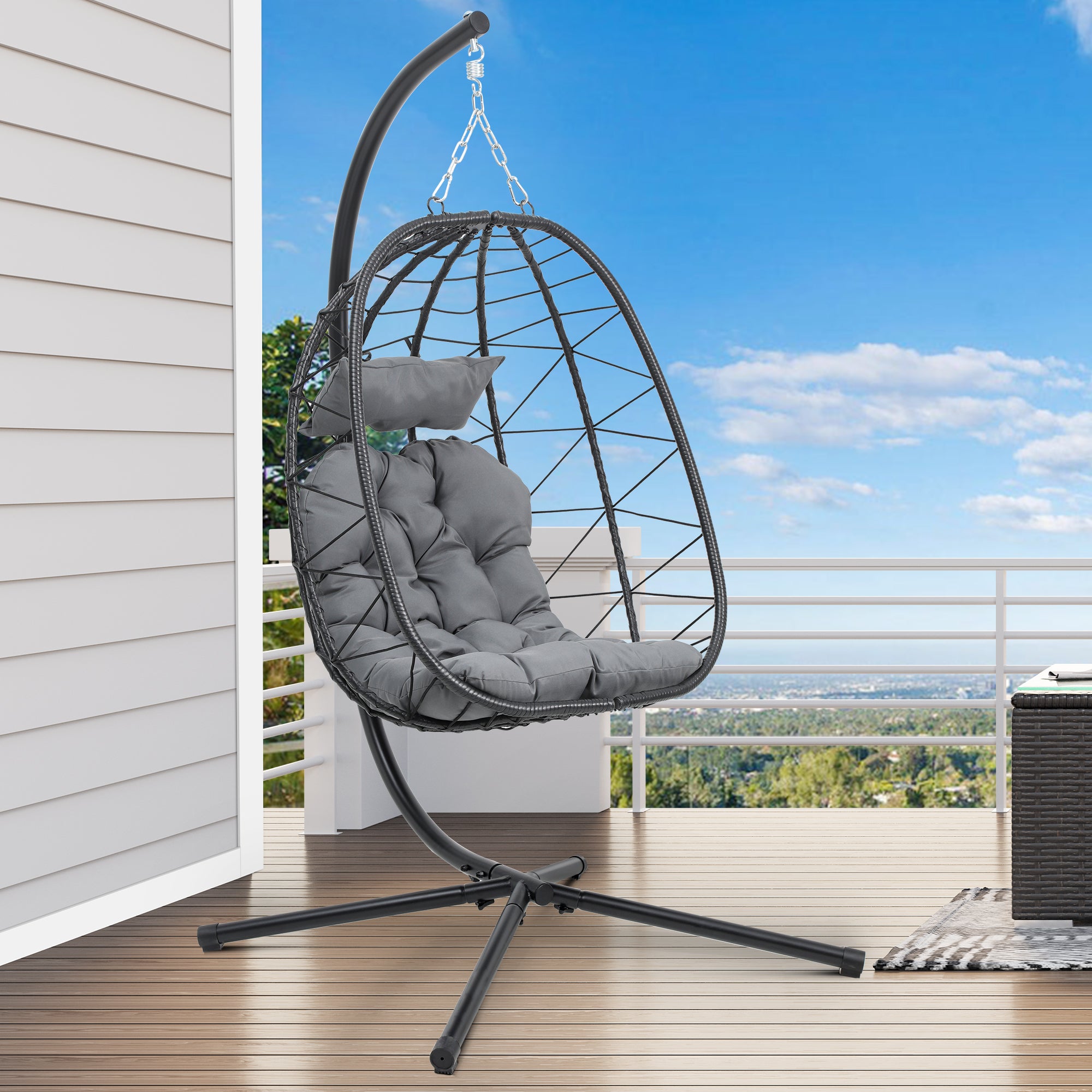 Fauteuil Œuf Suspendu YITAHOME - Rotin Avec Coussin, Support Métal, 150 Kg - Intérieur/Extérieur, Gris