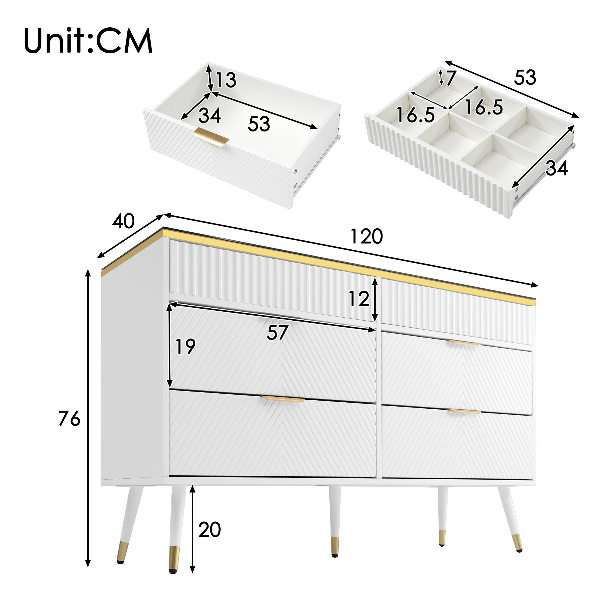 Cassettiera con 6 cassetti - 120 x 40 x 76 cm - vetro ambrato e pannelli di particelle - bianco - 2