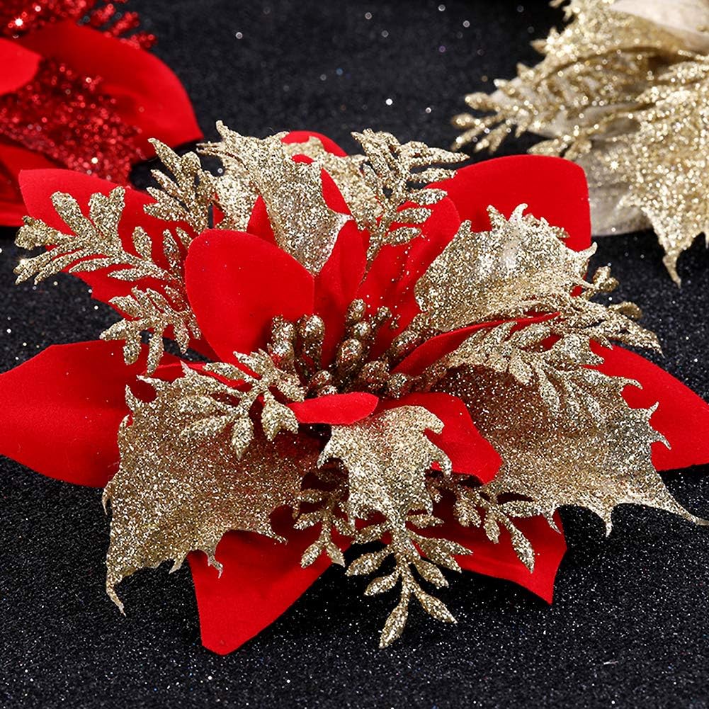24 Pièces Glitter Fleurs de Poinsettia de Noël d’Ornement d'arbre de Noël Artificielle Fleurs de Poinsettia de Noël de Mariage pour Ornemen - 3