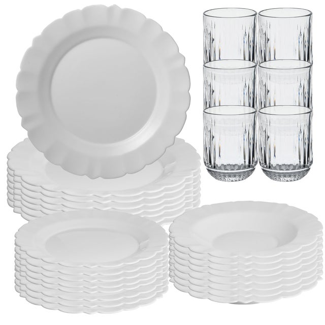 Juego de Vajilla con 24Pz Blanca + 8 Vasos de cristal 300ml Transparentes San Ignacio