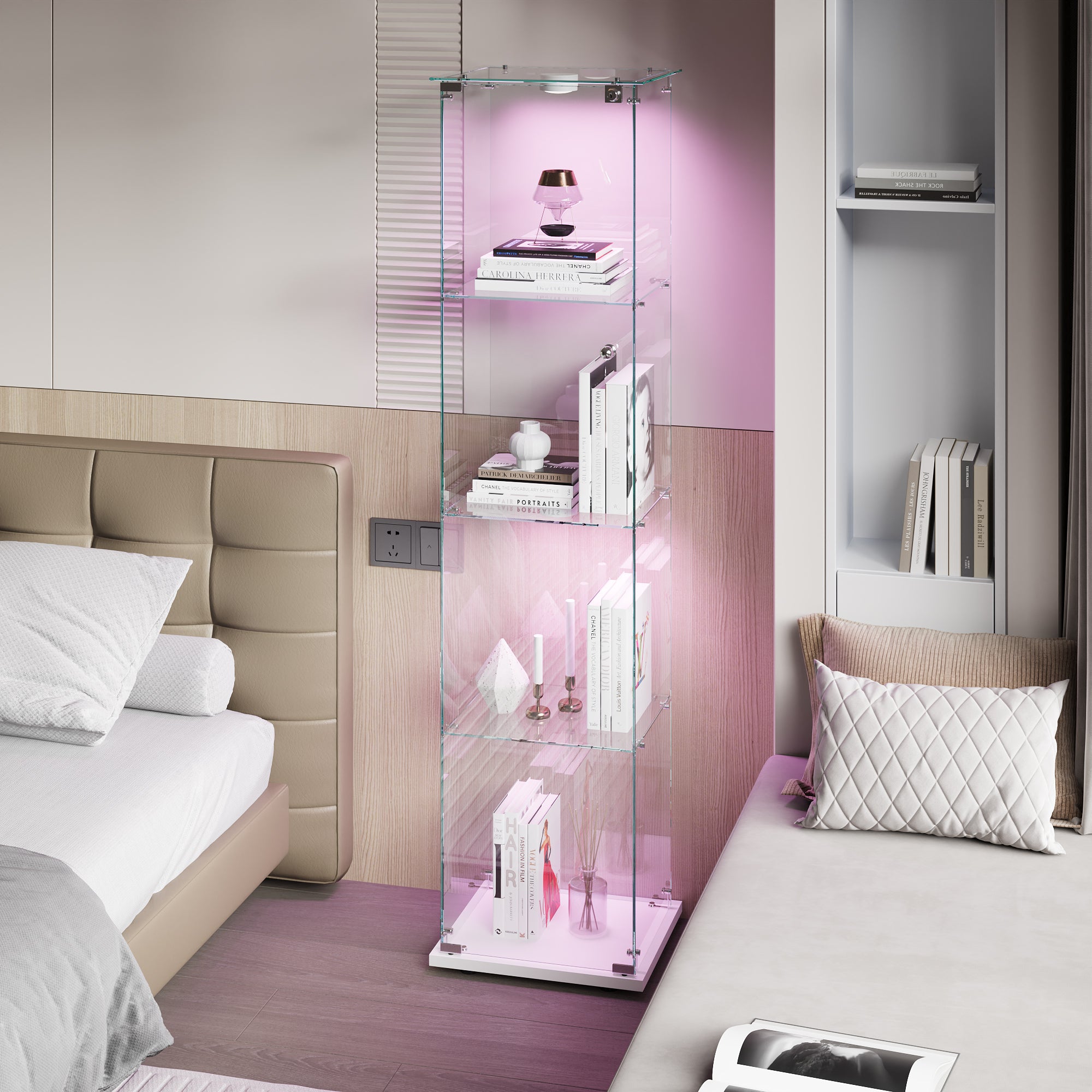 Vitrine en verre - 1 portes - 4 niveaux - Lumière LED - plaque de fond - 39.8x35x163cm - blanc - 2