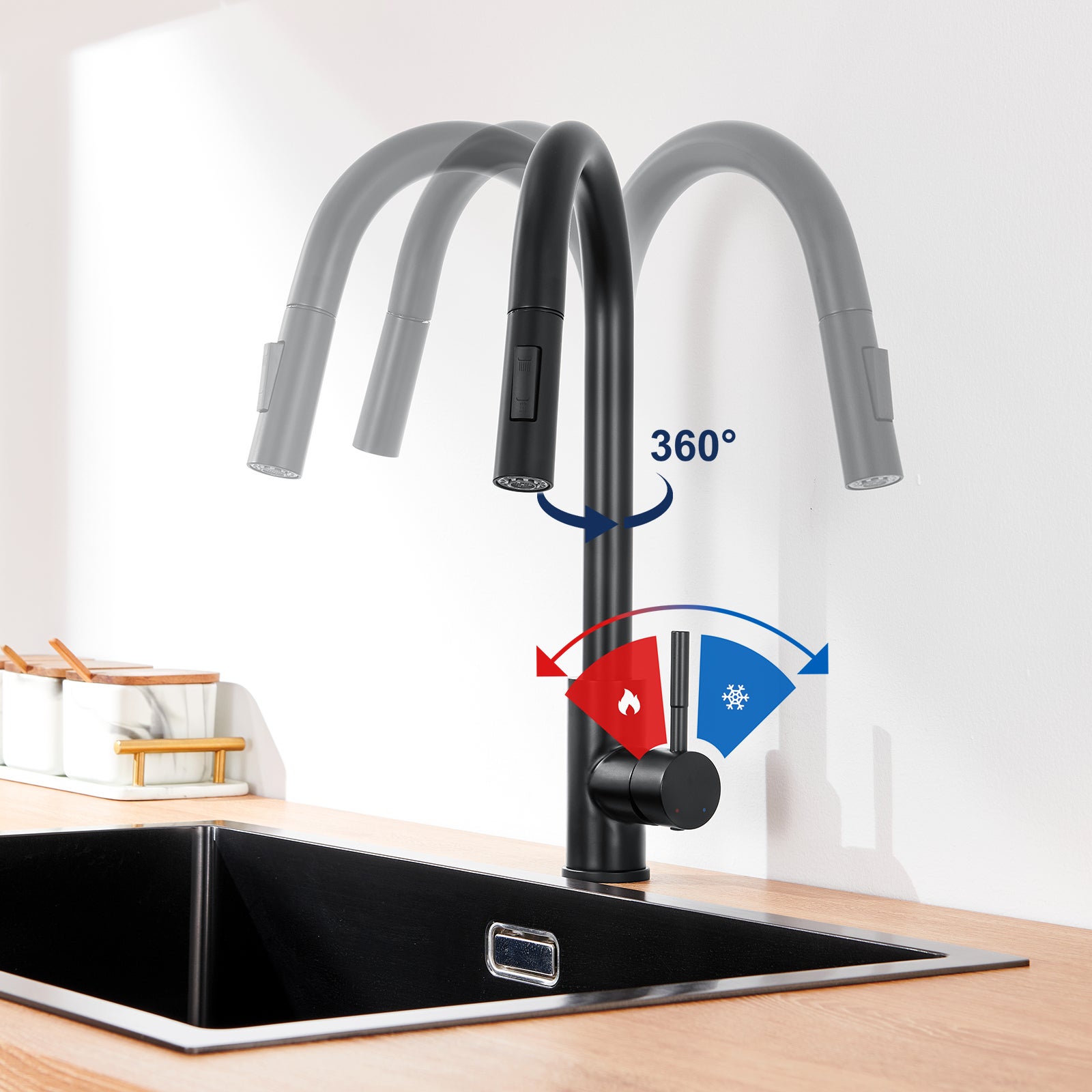 Miscelatore cucina NOir con doccetta estraibile rotante 360 ° inossidabile rubinetto cucina lavello 2 funzioni miscelatore di cucina - 3