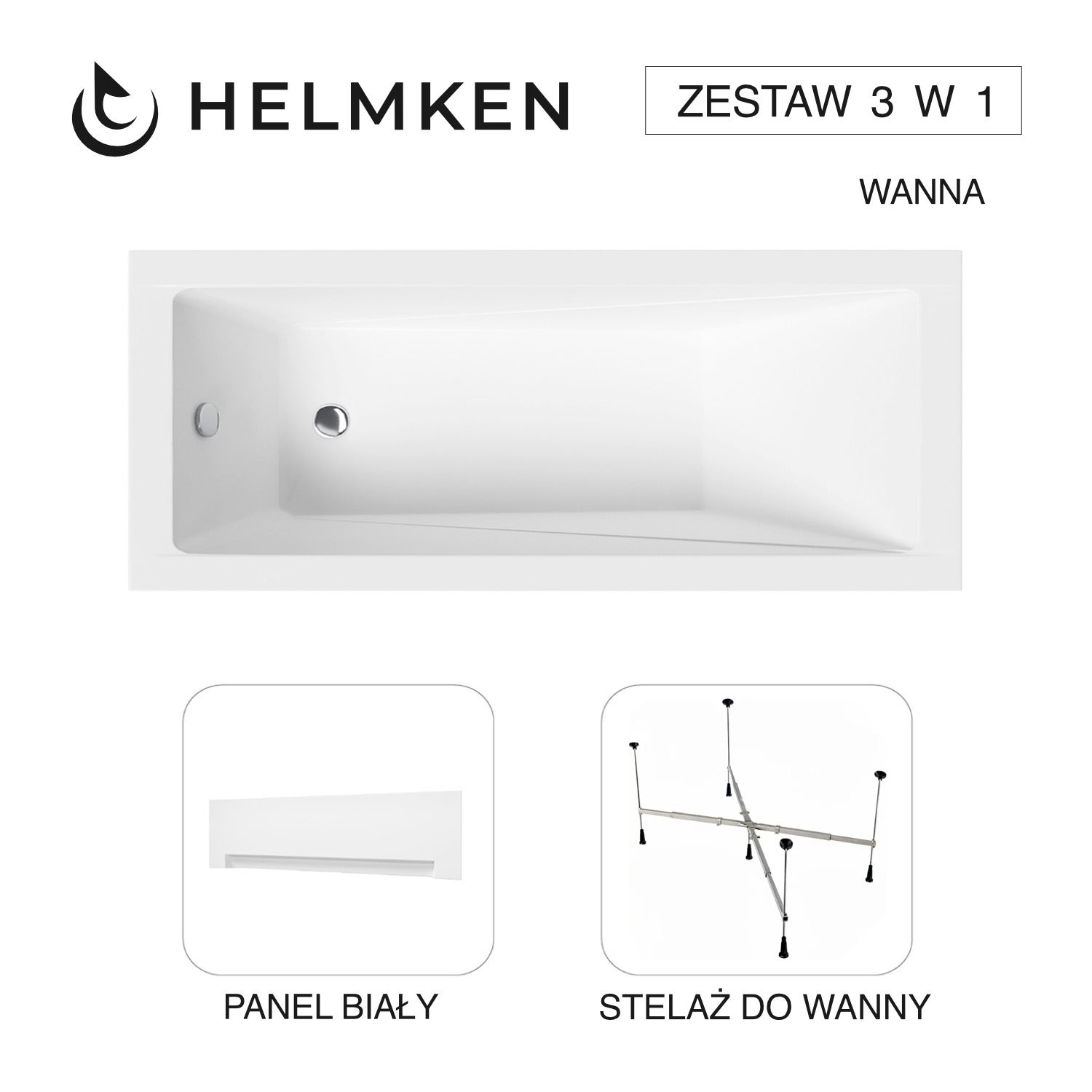 Wanna akrylowa Helmken Rivana 180 х 80 + Panel Biały + Stelaż uniwersalny do wanien Helmken 21230020 / 23095007-3S