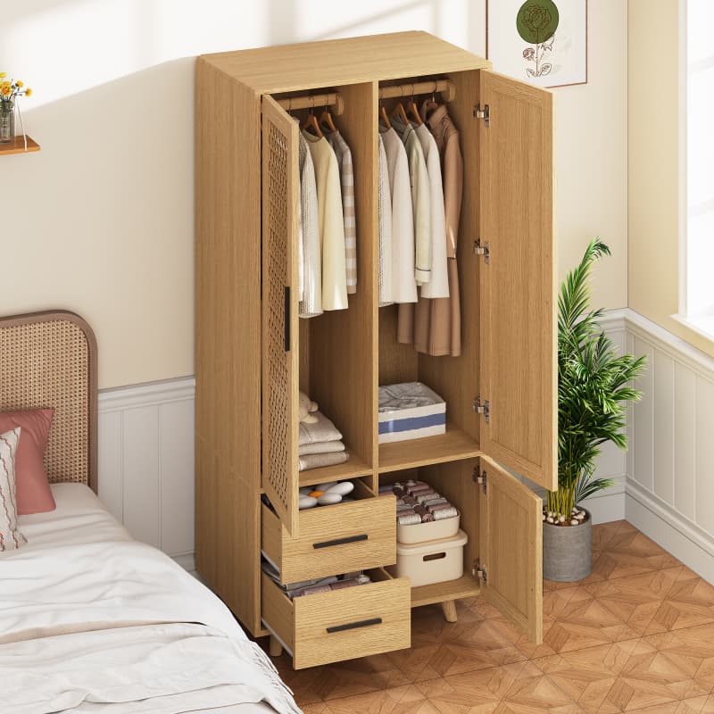 Móvel de arrumação madeira carvalho, portas rattan, 2 gavetas, 1 compartimento, estilo escandinavo, pés madeira, para quarto e sala. - 3
