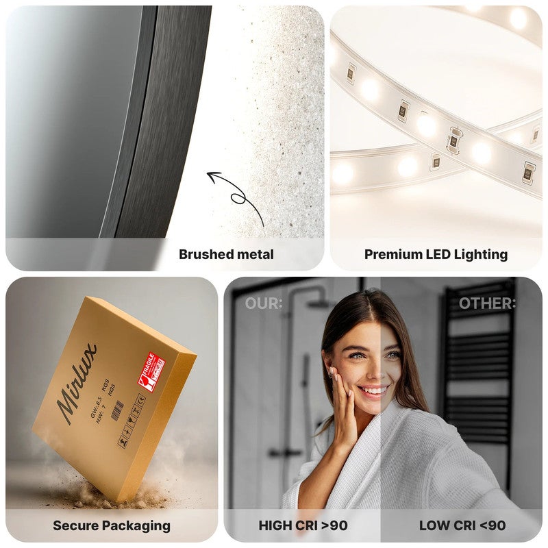 Mirlux Miroir de salle de bain rond à LED avec cadre noir mat, 60 cm, anti-condensation, rétroéclairage LED à 3 niveaux d'intensité. - 6