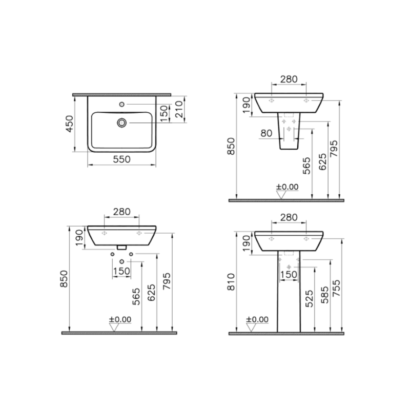 Integra 55x45x19 cm lavabo suspendu en céramique, trou pour robinetterie au milieu, avec trop-plein, blanc (7049-003-0001) - 5