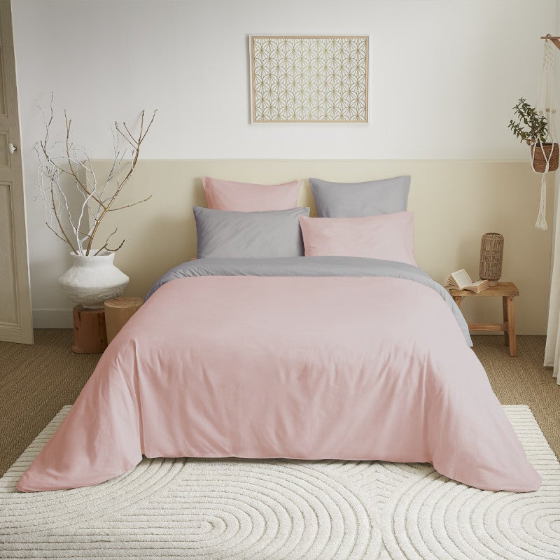 Pack complet 6 pièces Rose/Gris réversible housse de couette pour lit 160 x 200 cm - 2