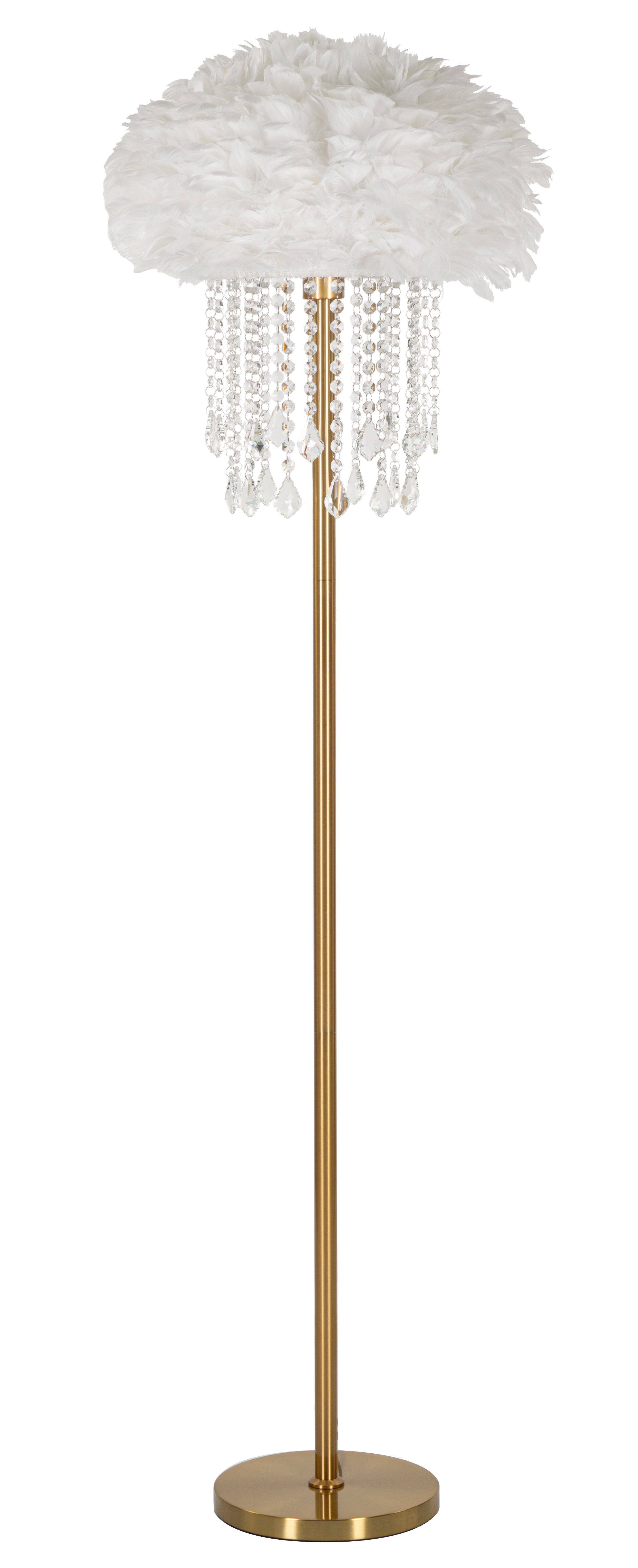Biało-złota lampa stojąca z diamentami (40 cm), metal i plastik, klosz z piór i kryształu, wysokość 165 cm, elegancki i świetlisty design.