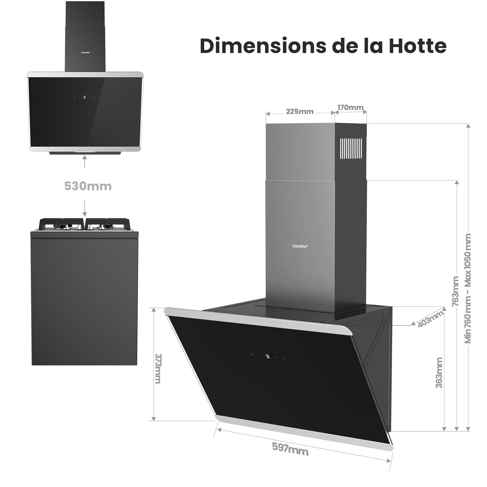 COMFEE Hotte Aspirante Inclinée 60cm 420m³/h Classe A+, Commandes Sensitives, BLDC Moteur, 3 Vitesses, 2 Filtres à Charbon, Verre Noir - 9