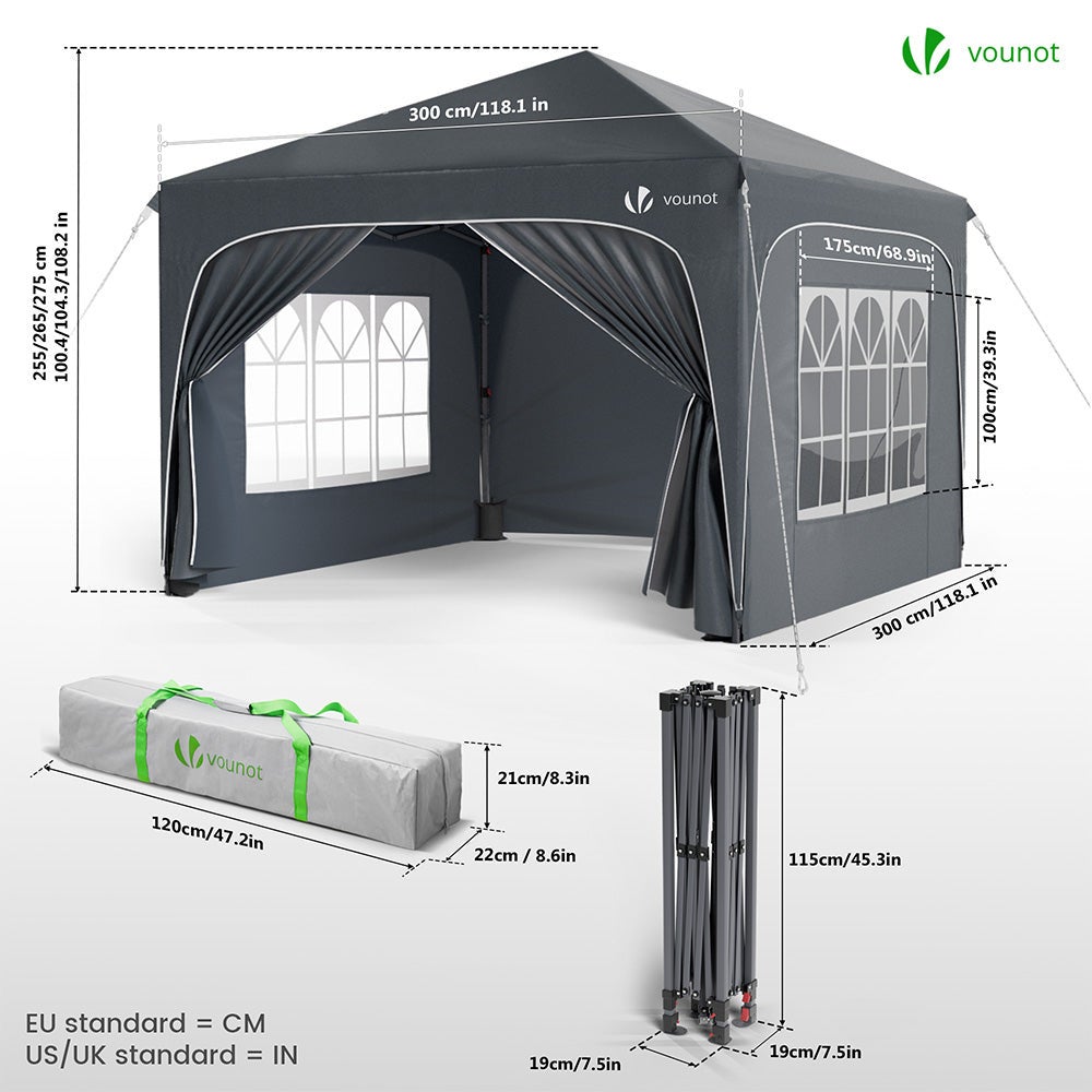 VOUNOT Carpa Plegable Gazebo 3x3m con Techo Arqueado, Cenador Impermeable Pabellón de Jardín Pop Up, Gris - 7