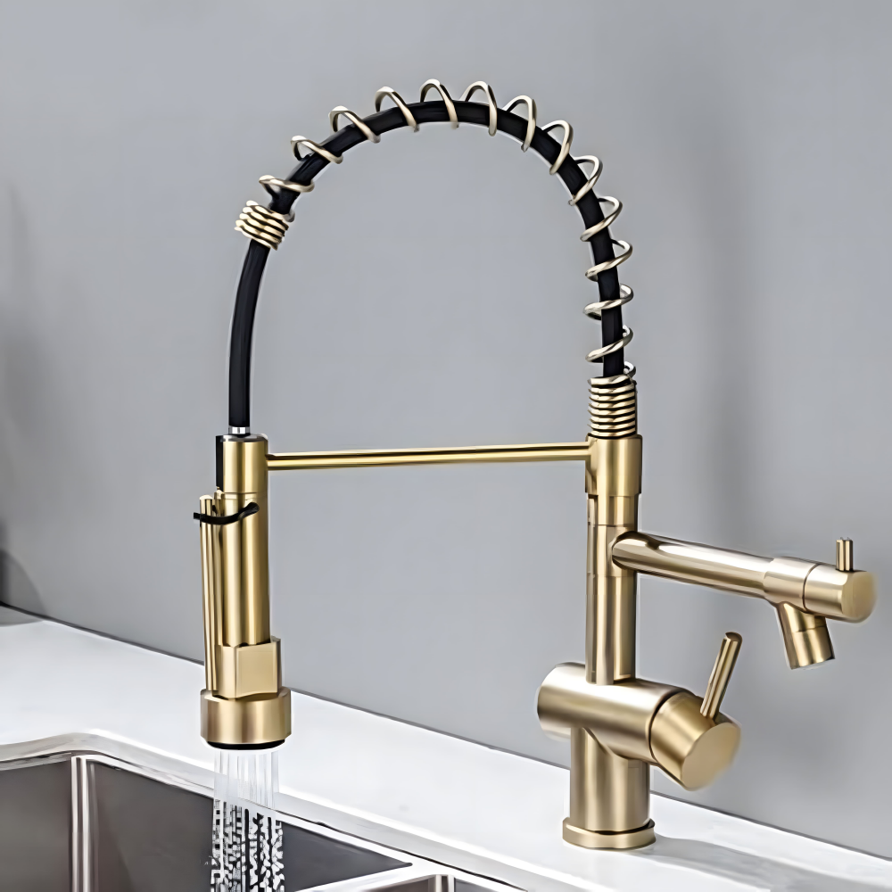 Bateria kuchenna - 2-funkcyjna, wyciągana wylewka, bateria kuchenna - jednouchwytowa, sprężynowa, szczotkowane złoto