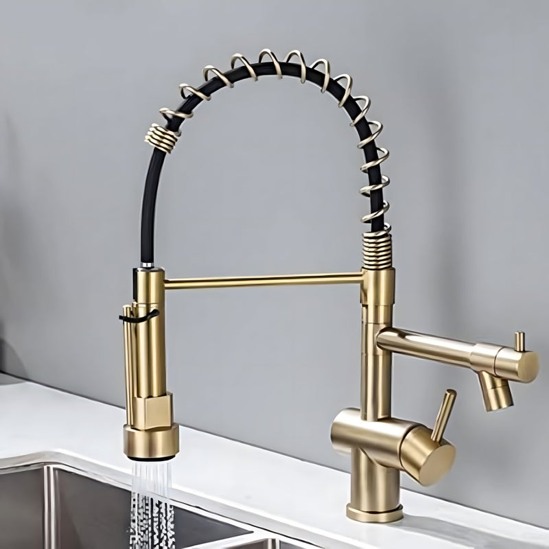 Bateria kuchenna - 2-funkcyjna, wyciągana wylewka, bateria kuchenna - jednouchwytowa, sprężynowa, szczotkowane złoto