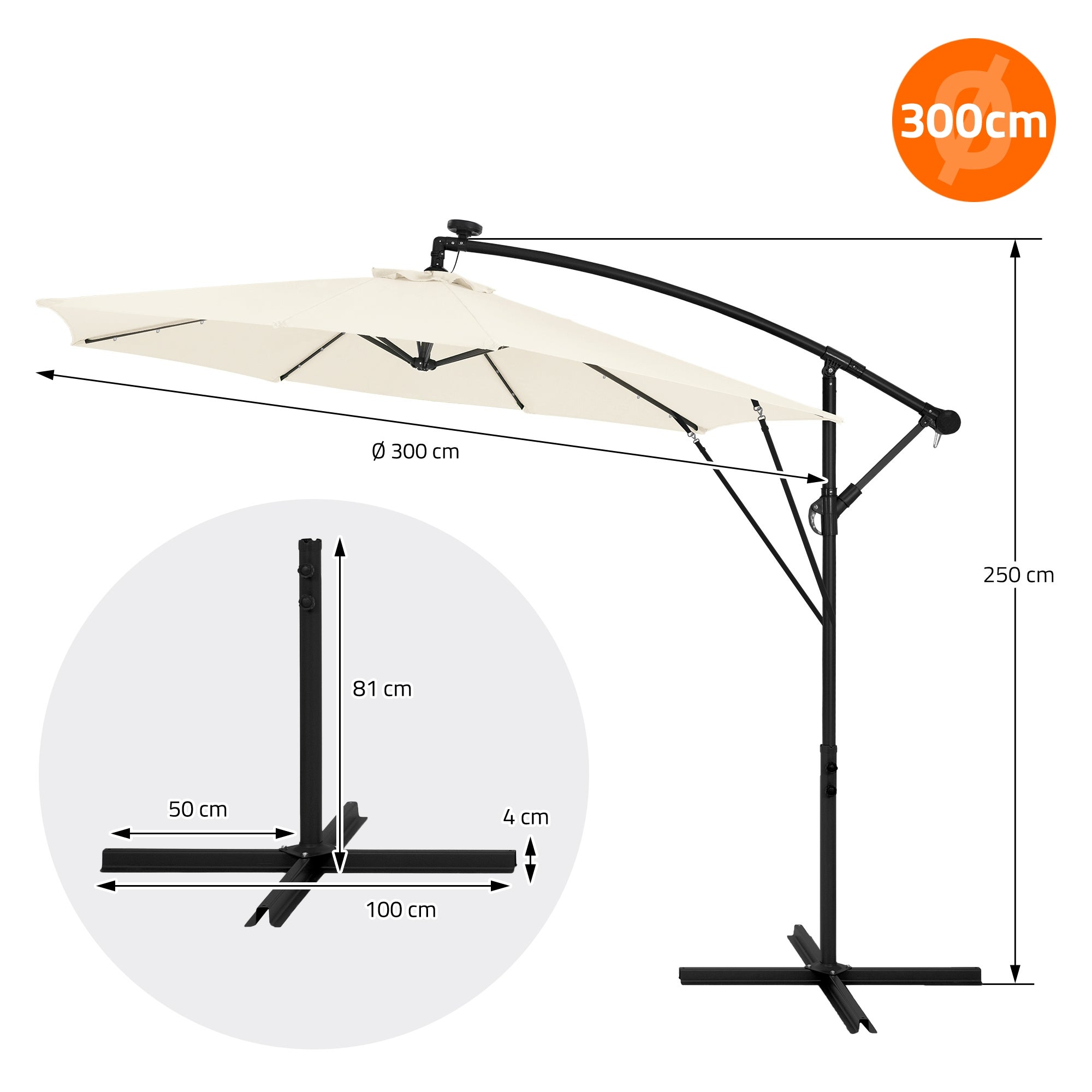 Parasol déporté avec LED intégré Ø 300 cm beige en aluminium à manivelle protection UV50+ imperméable meuble jardin inclinable et pivotant 360° - 6