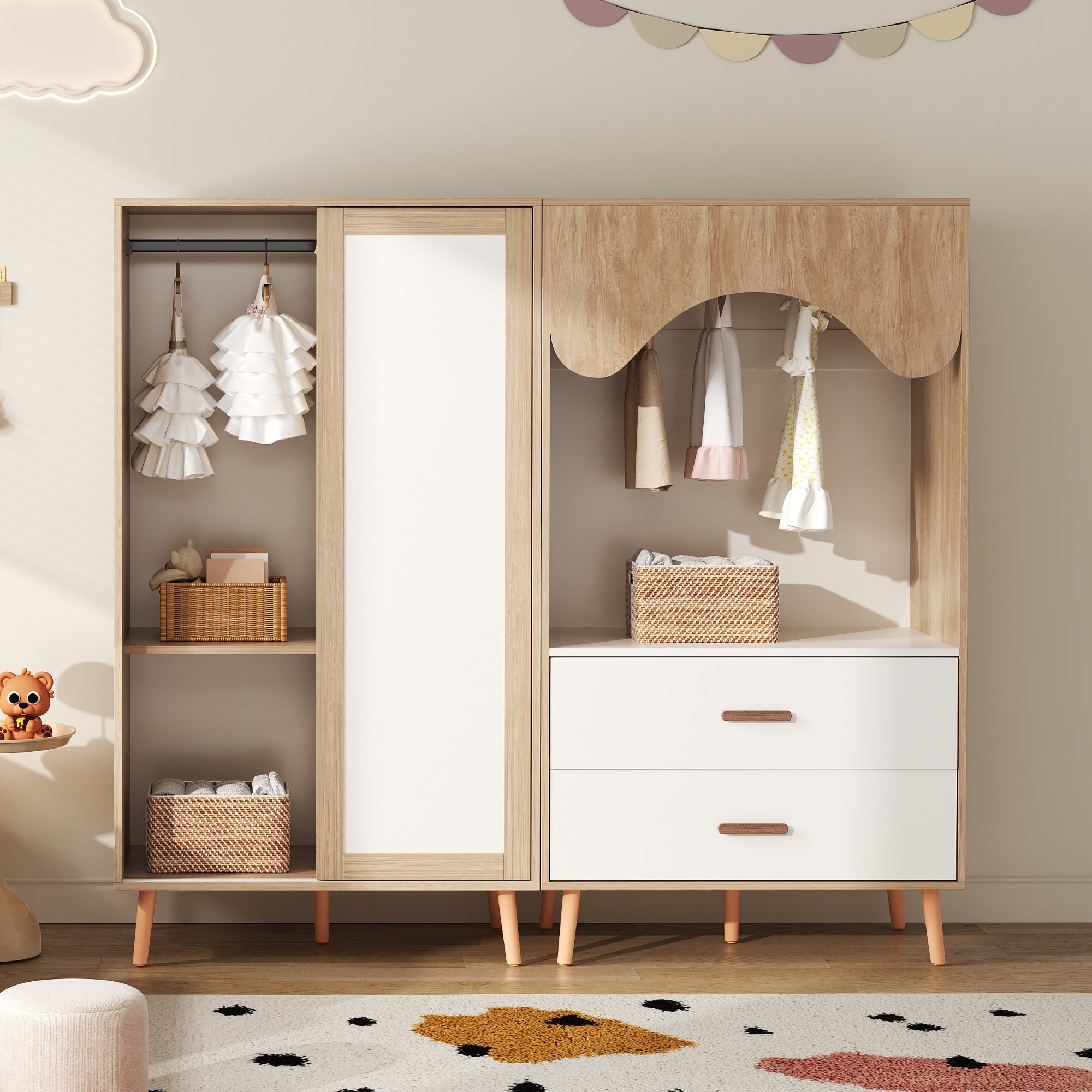 Armario infantil combinado: puertas correderas + armario abierto. colores blanco + madera natural. altura: 141,5 cm.