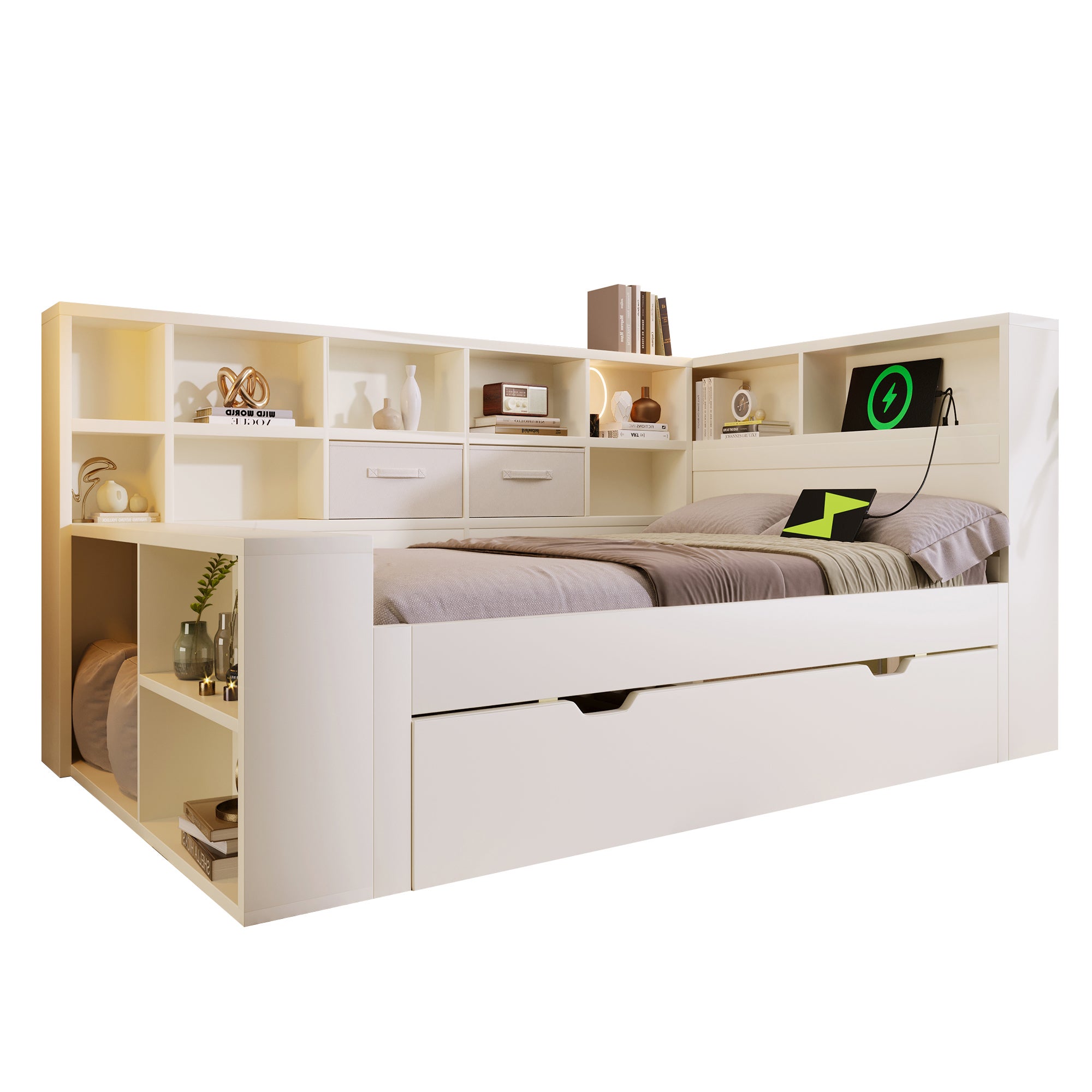 Łóżko wysuwane 90 x 200 cm z 2 szufladami i przegródkami – sosna + płyta wiórowa – ładowanie USB/typu C – białe (materac nie jest wliczony w cenę) - 6