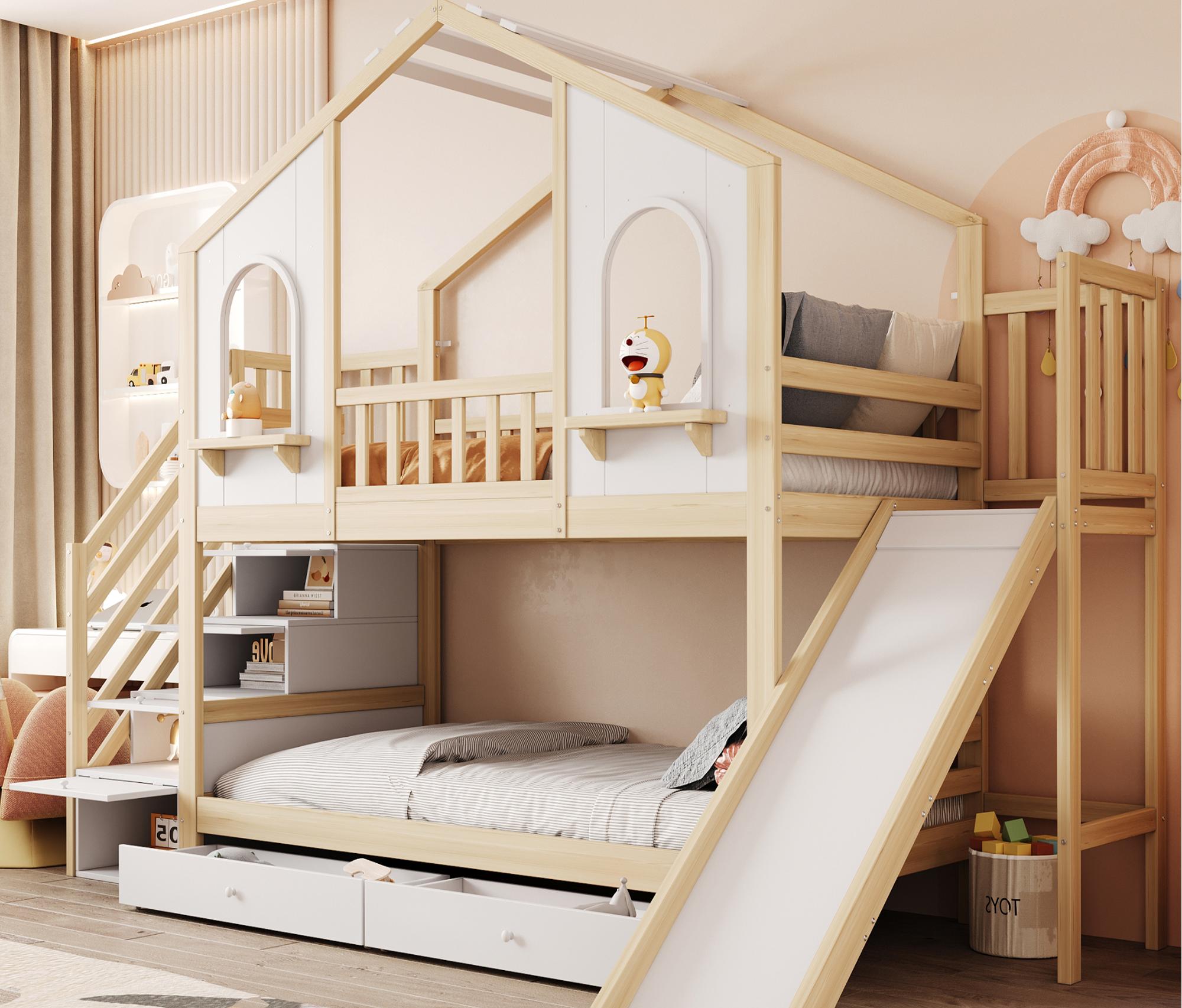 Łóżko piętrowe dla dzieci 90x200 cm - Projekt domku - z drabinką i zjeżdżalnią - z 2 szufladami - Naturalne (Materac nie jest wliczony w cenę)