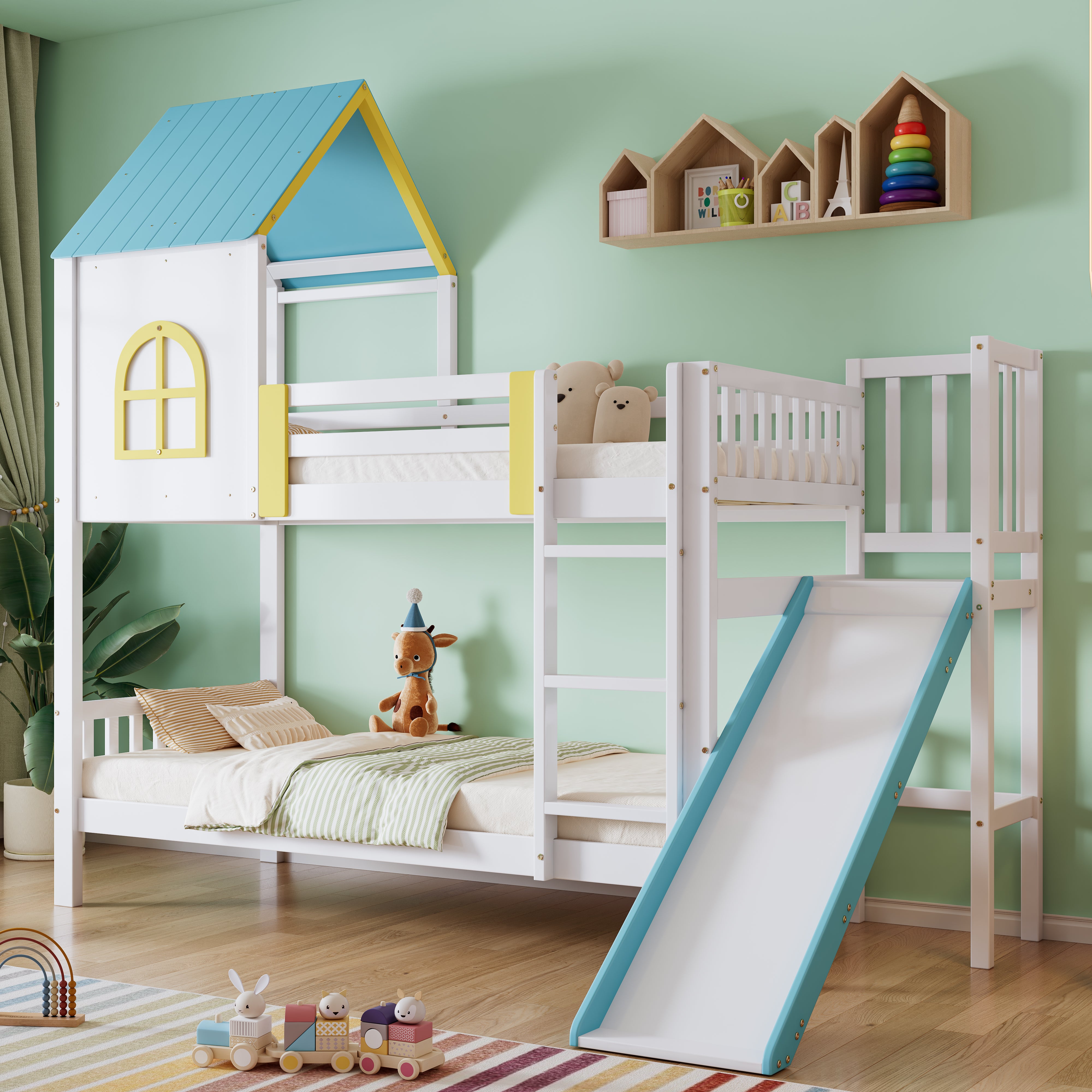 Letto A Castello Con Scivolo Per Bambini 90x200 Cm - In Legno Di Pino, Scivolo E Scala Reversibili, Colore Grigio