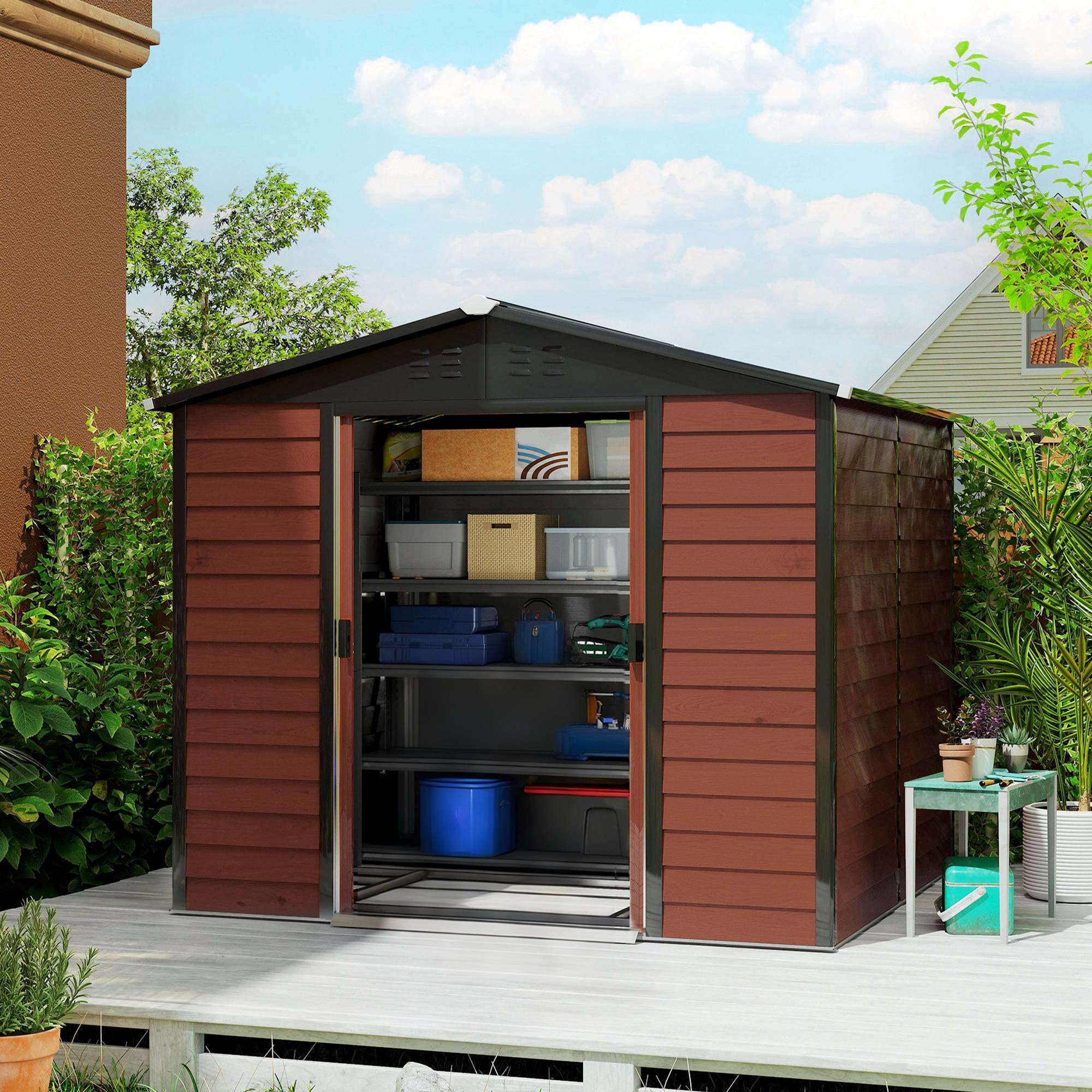 Abrigo de Exterior Outsunny Aço Galvanizado Teca 240x206x198 cm - 2